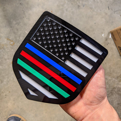 American Flag Badge by Ikonic Badges- Fits 2009-2018 Dodge® Ram® Tailgate - Black on White w/ Thin Blue, Red, and Green Lines