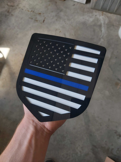 American Flag Badge by Ikonic Badges- Fits 2009-2018 Dodge® Ram® Tailgate - Black on White with a Thin Blue Line