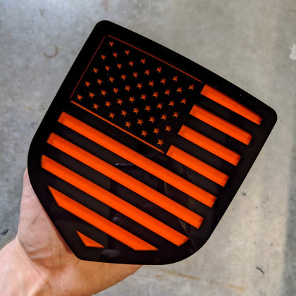 American Flag Badge by Ikonic Badges- Fits 2009-2018 Dodge® Ram® Tailgate -1500, 2500, 3500 - Black on Orange