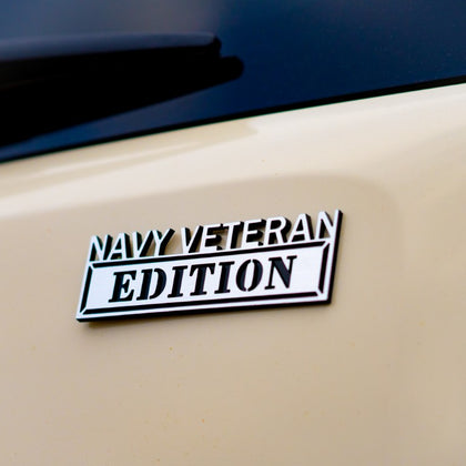 Navy Veteran Edition Badge - Brushed Silver and Gloss Black - Tape Backing